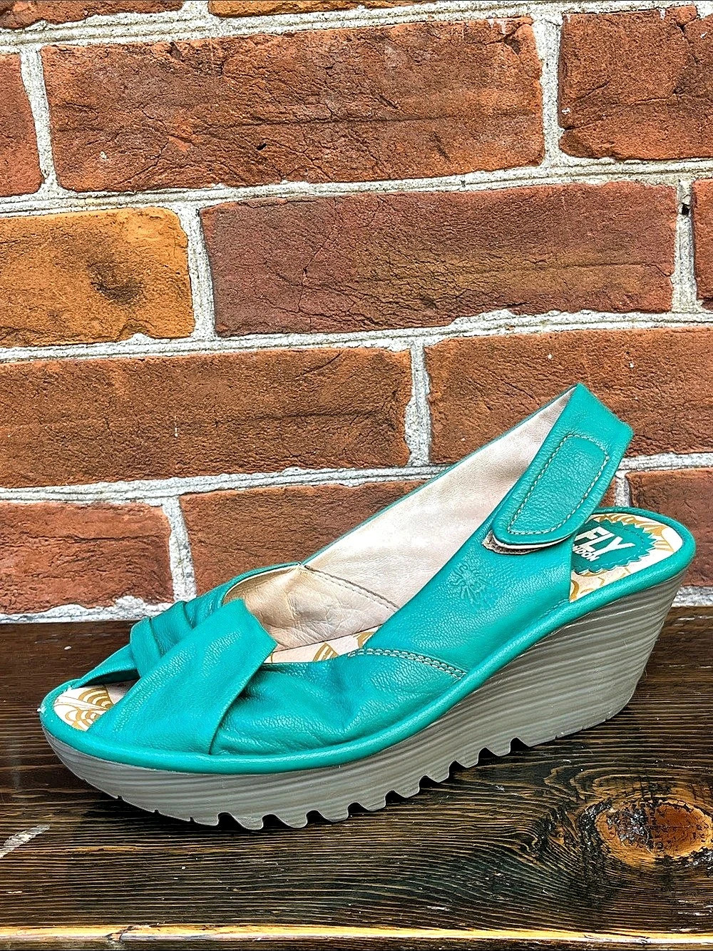 FLY London YAKIN Teal Leather Slingback Wedge Sandals